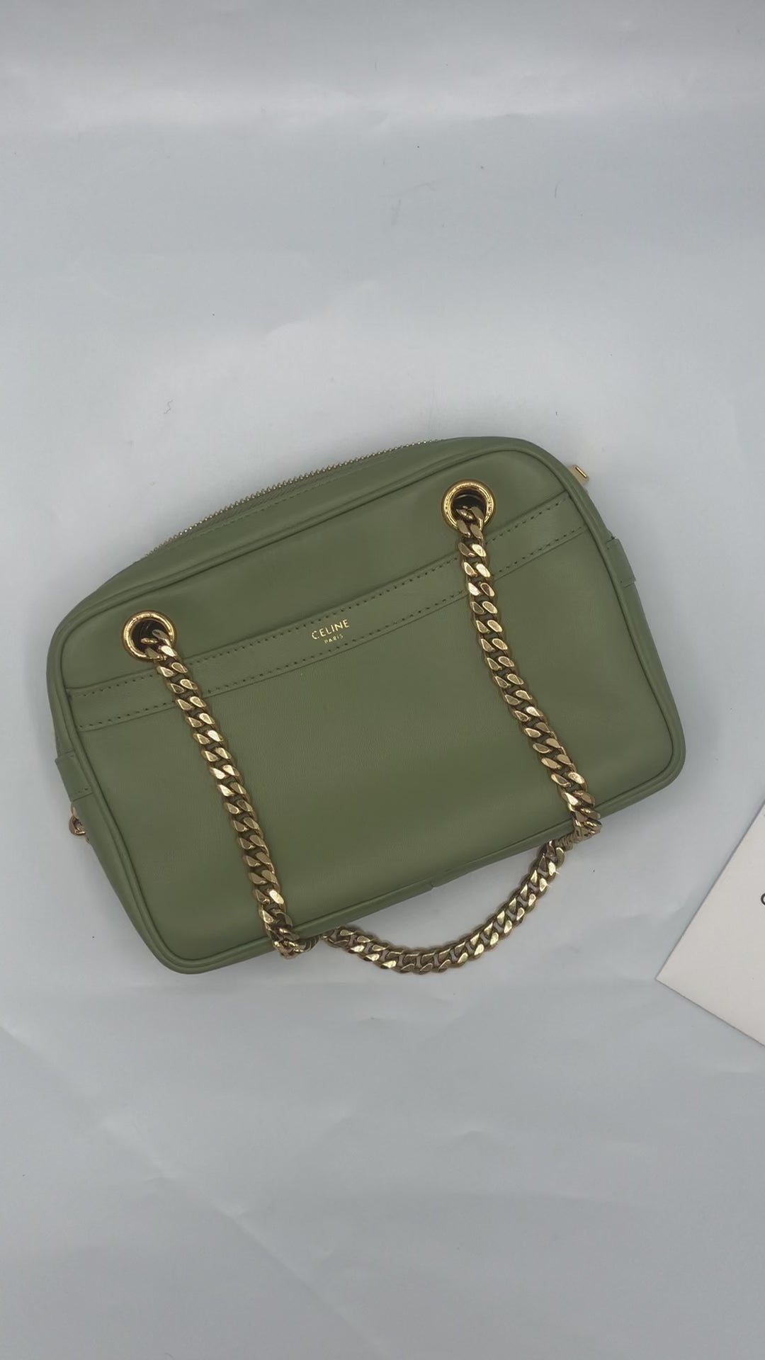 CELINE Small Patapans Sage Green leather with gold chain handbag