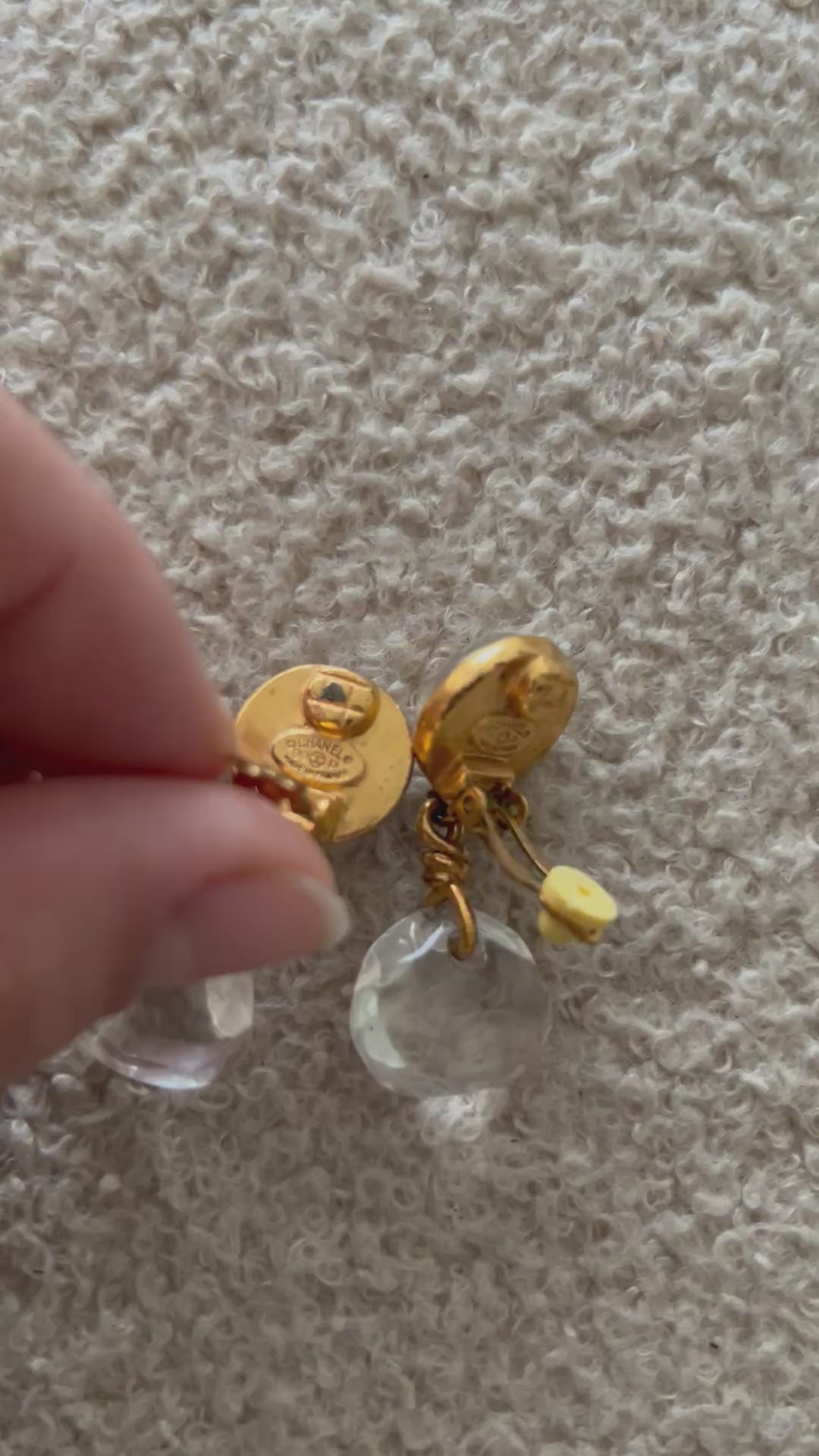 CHANEL Rare Vintage 1990's Clear Glass Martelé 24ct Gold Clip On Earrings