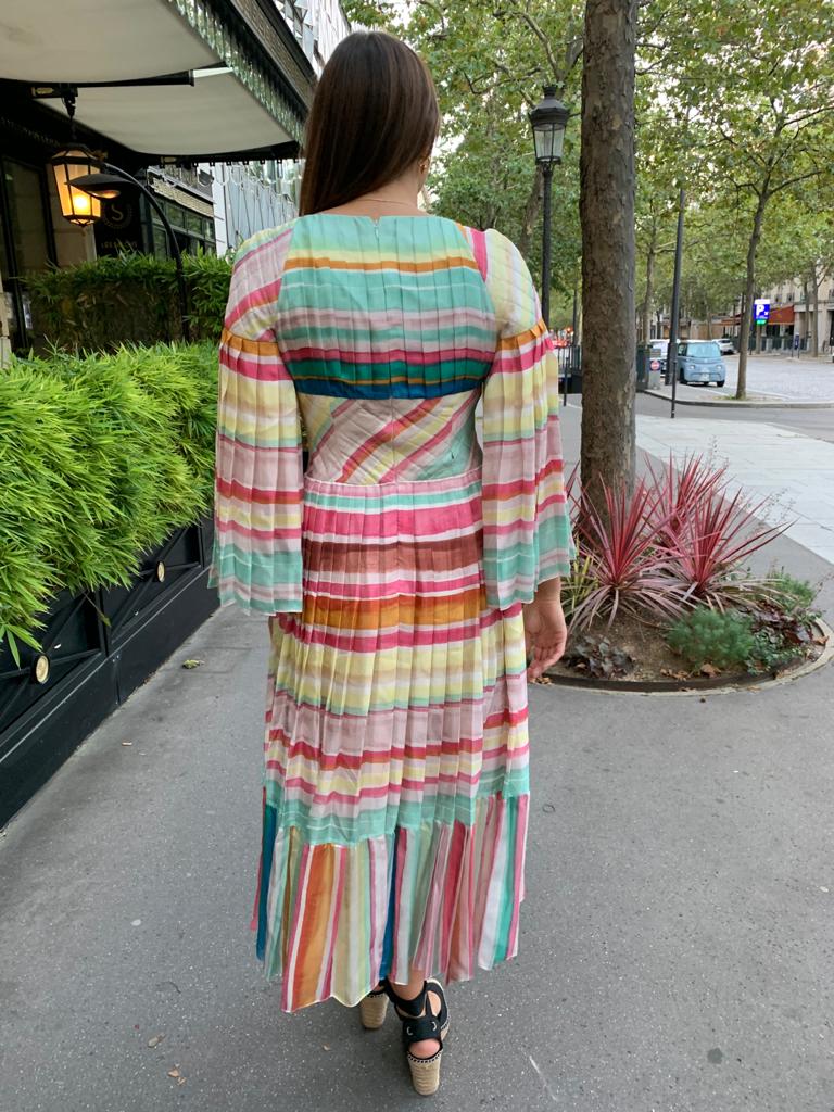 CHANEL Resort 2017 Coco-Cuba runway rainbow maxi silk dress size 42