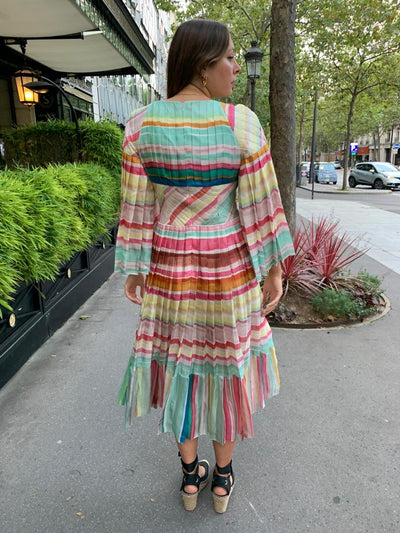 CHANEL Resort 2017 Coco-Cuba runway rainbow maxi silk dress size 42