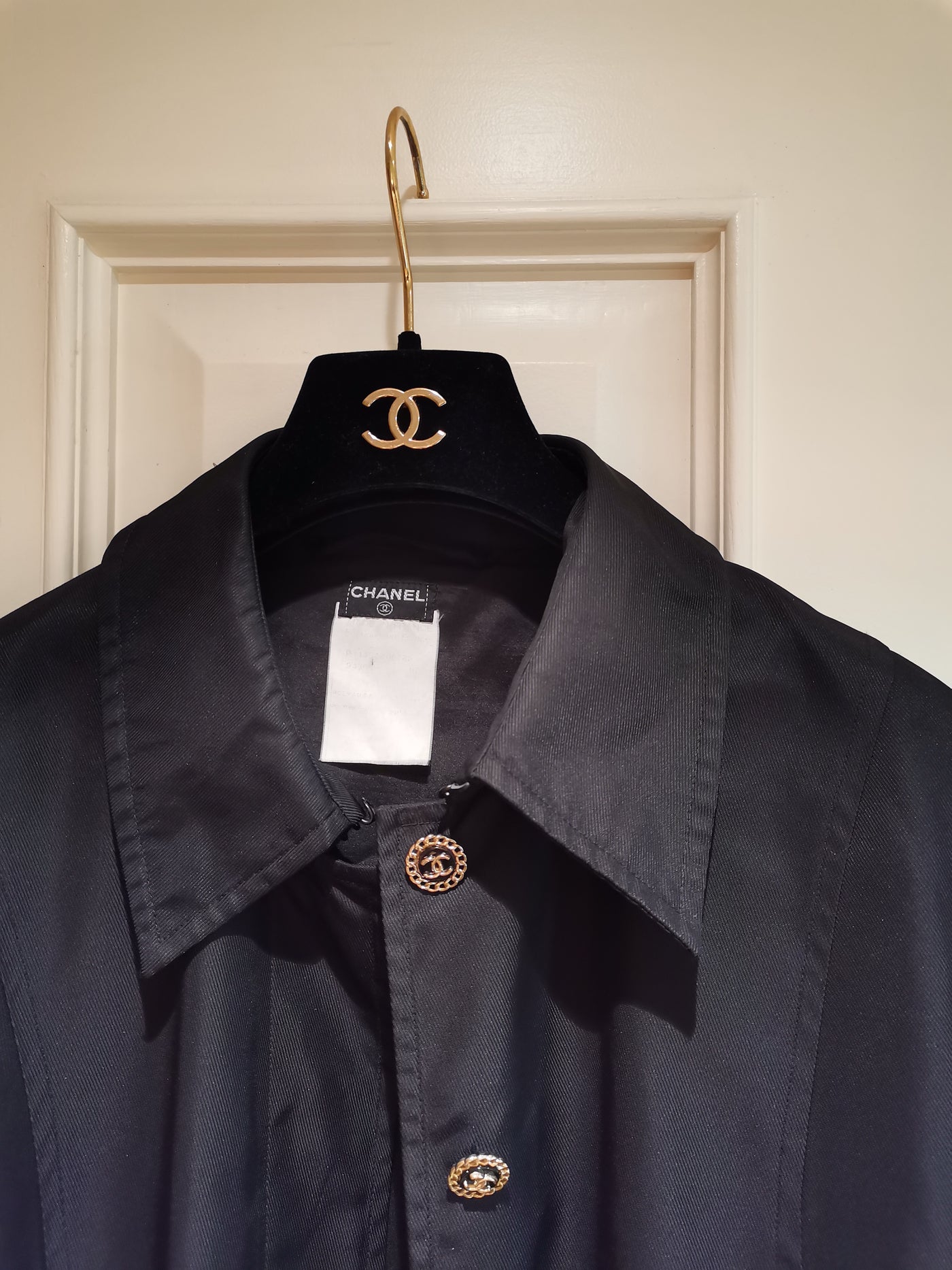 CHANEL vintage black trench with CC gold buttons