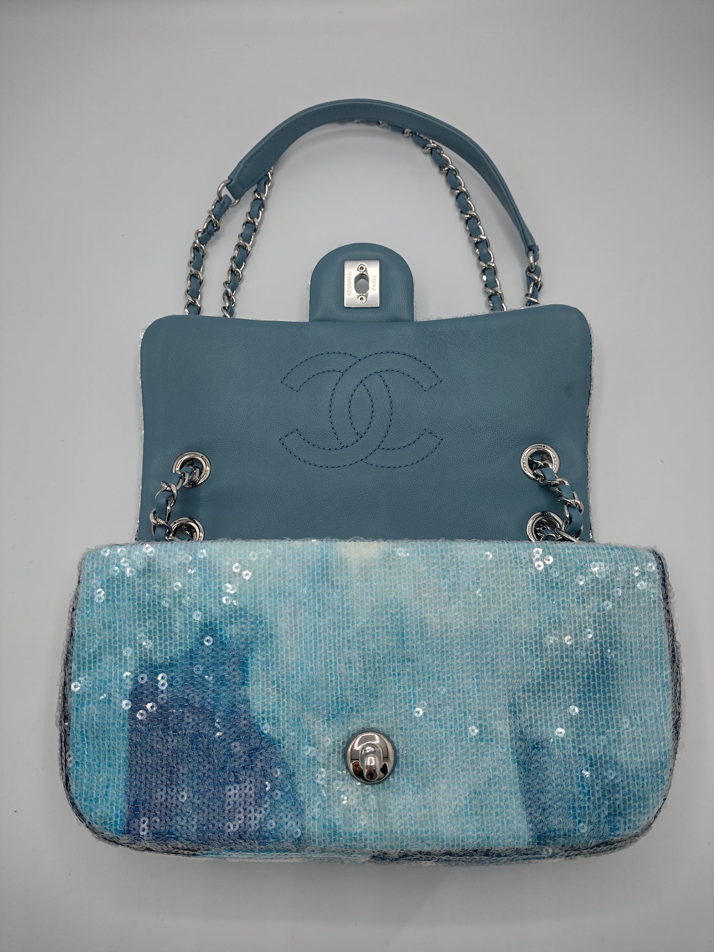CHANEL waterfall blue sequin small flap bag