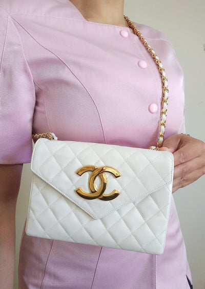 CHANEL Rare 1989 Mini Envelope Flap Bag White CC 24K GHW