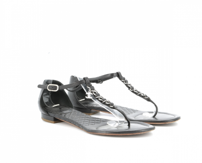 CHANEL black silver chain sandals size 39