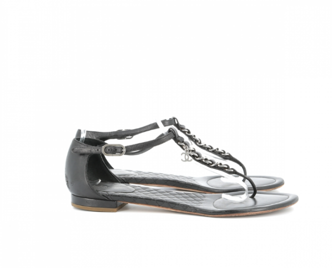 CHANEL black silver chain sandals size 39