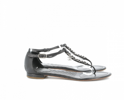 CHANEL black silver chain sandals size 39