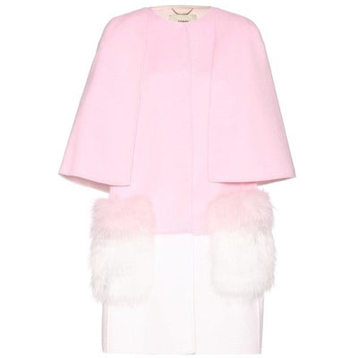 FENDI White and Pink wool cape coat with fur pockets