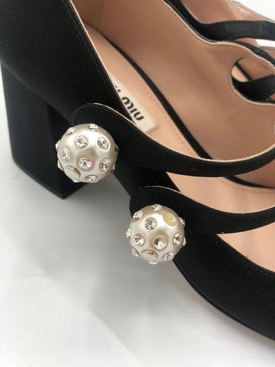 MIU MIU Crystals Faux pearls satin heels size 38