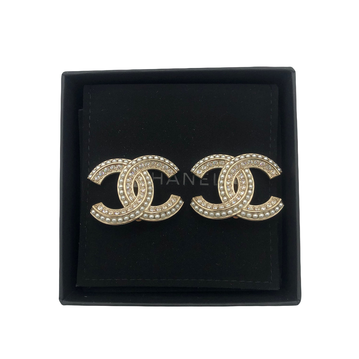 CHANEL large CC gold earrings rhinestone & pearls with box