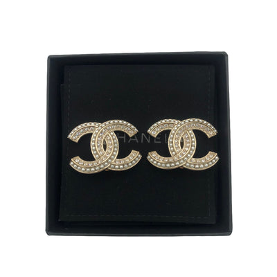 CHANEL large CC gold earrings rhinestone & pearls with box