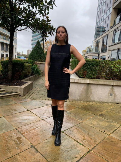 CHANEL Classic Little Black Dress with silver mini Chanel bag and chain size 44