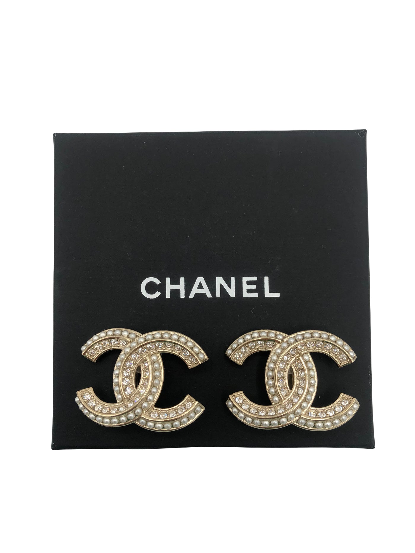 CHANEL large CC gold earrings rhinestone & pearls with box