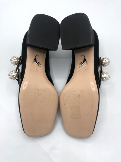 MIU MIU Crystals Faux pearls satin heels size 38