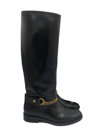 LANVIN leather riding boots with antique gold chain size 39