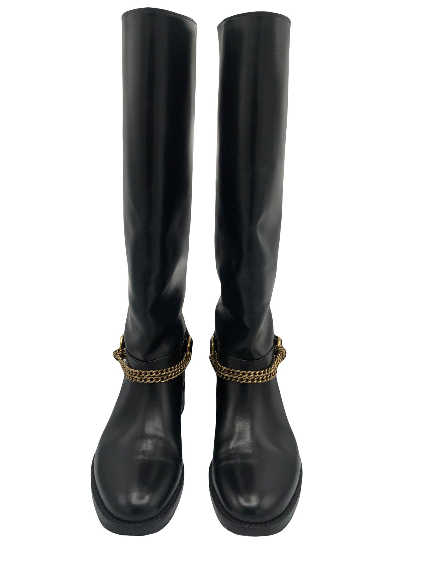 LANVIN leather riding boots with antique gold chain size 39