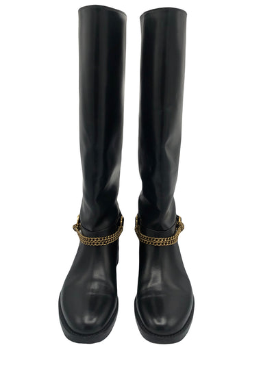 LANVIN leather riding boots with antique gold chain size 39