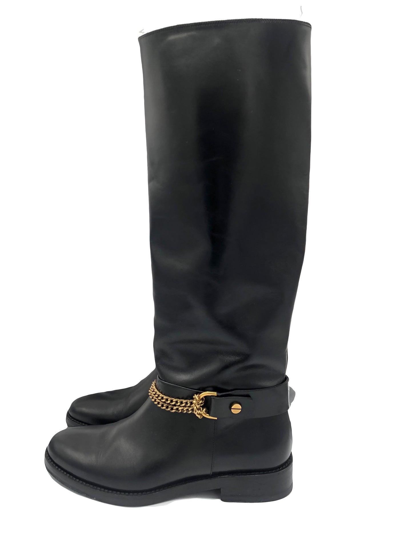 LANVIN leather riding boots with antique gold chain size 39