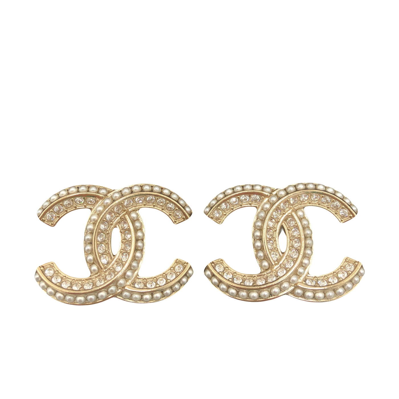 CHANEL large CC gold earrings rhinestone & pearls with box