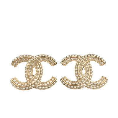 CHANEL large CC gold earrings rhinestone & pearls with box