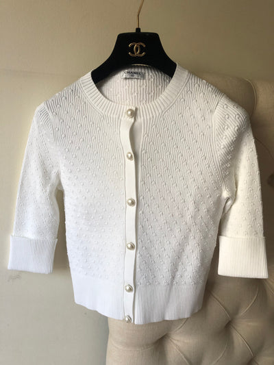 Chanel 2019 Cruise White Cardigan Sweater, Size Eu 34