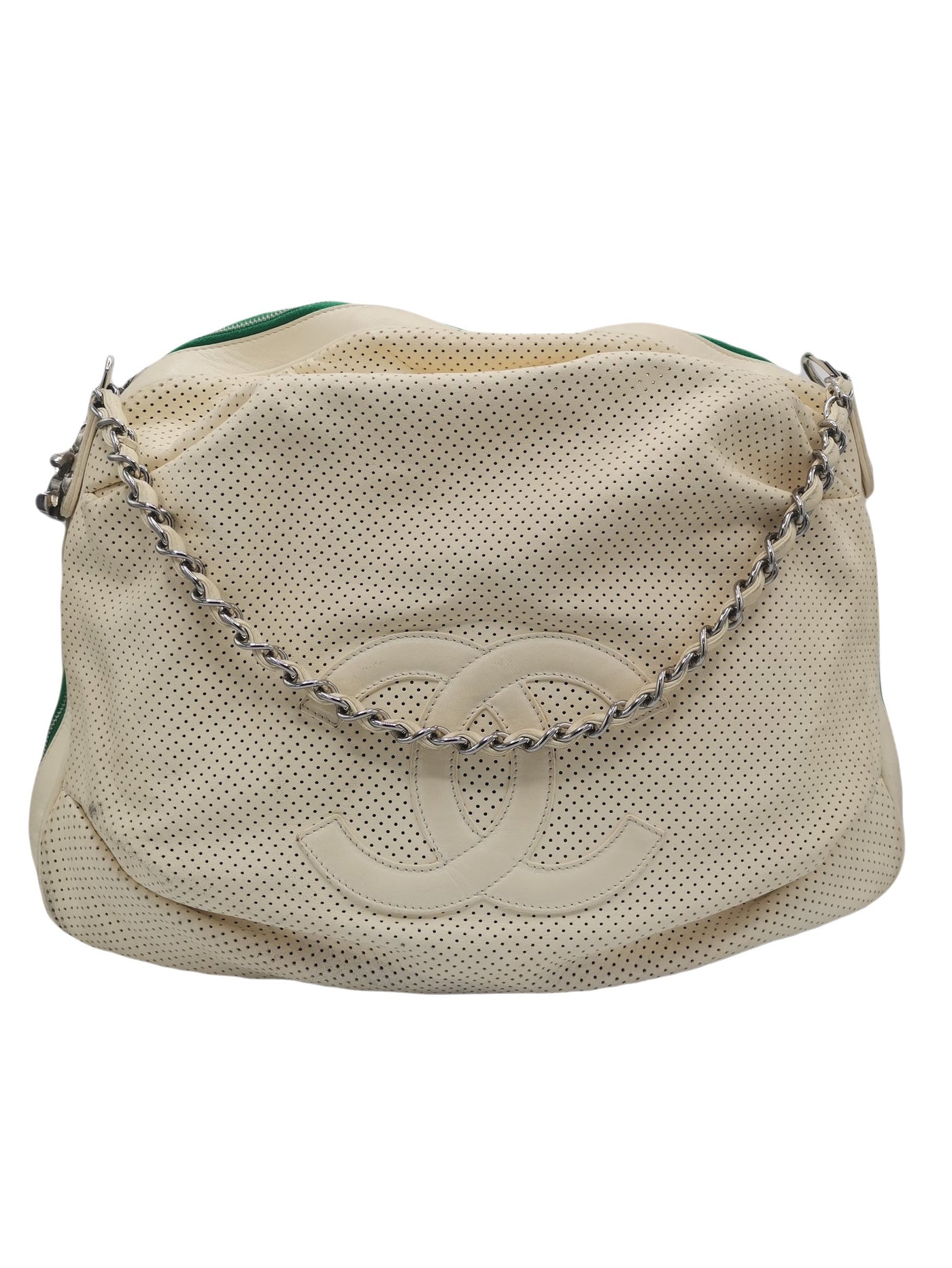 CHANEL y2k perforated leather cream handbag with silver hardware